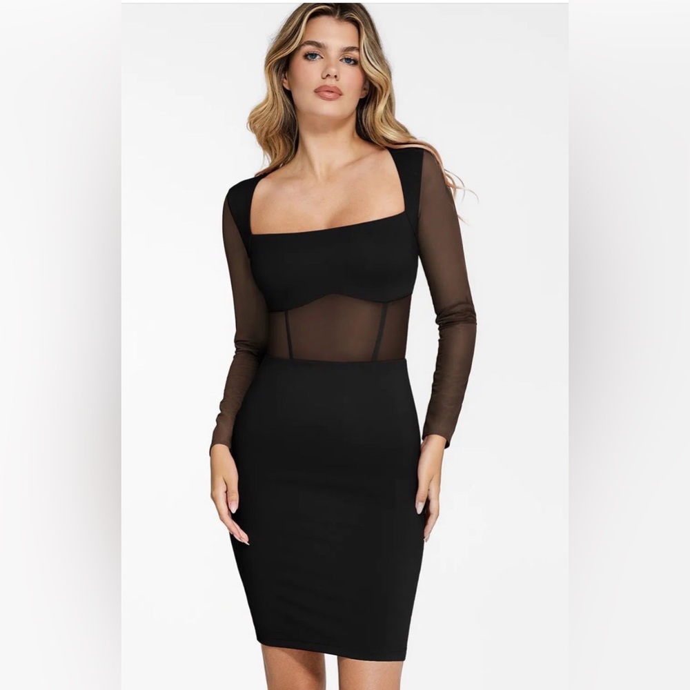 Popilush Black Long Sleeve Mesh Panel Bodycon Dress